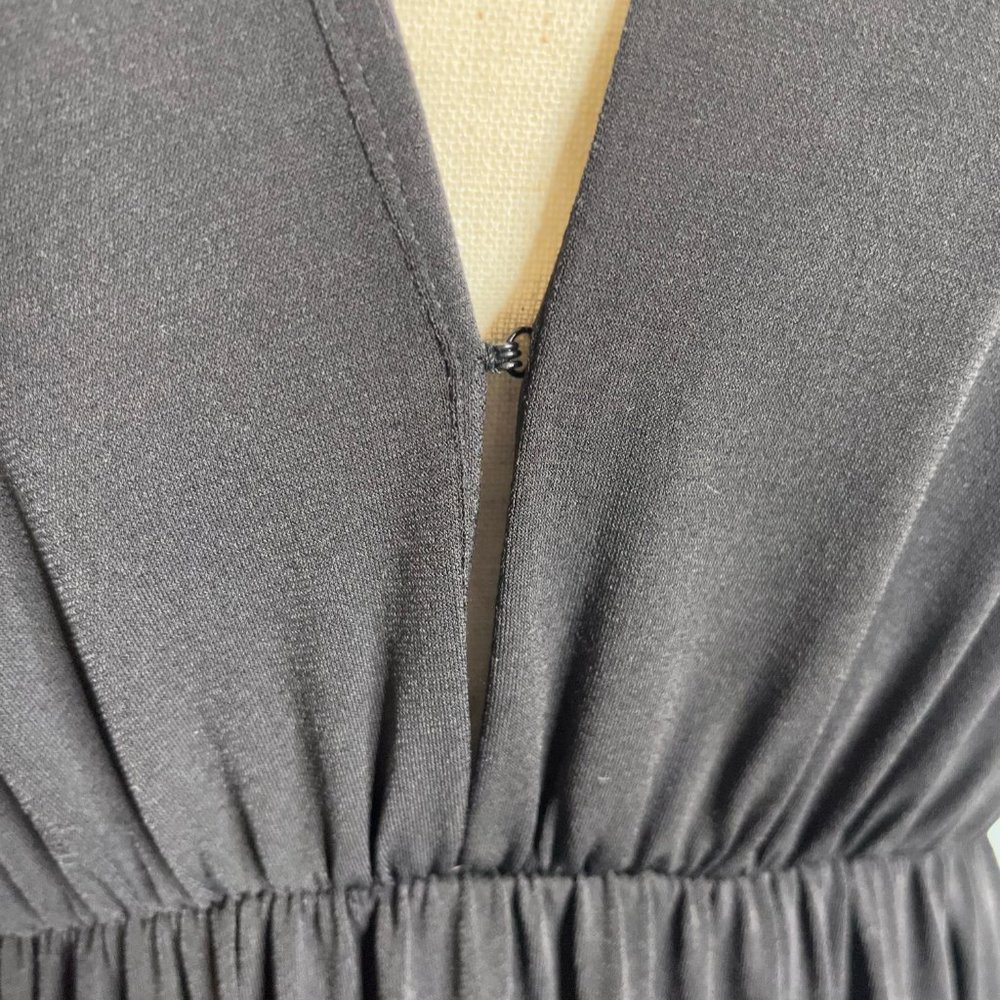 ASOS Deep V-Neck Black Midi Dress Elastic Waist Short Dolman Sleeves Versatile L - Picture 2 of 8